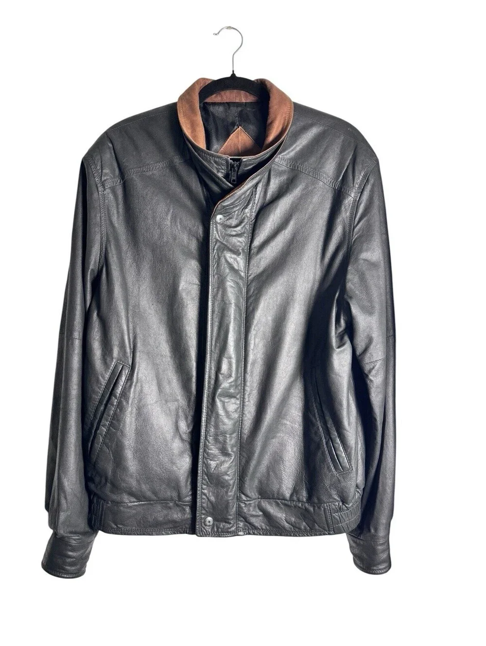 REMY LEATHER JACKET, MENS 38, BLACK/BROWN, Double Collar Bomber, Vintage